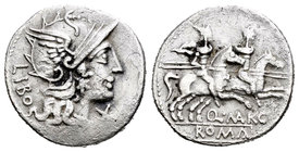 Marcia. Denario. 148 a.C. Roma. (Ffc-848). (Craw-215/1). (Cal-932). Anv.: Cabeza de Roma a derecha, delante X y detrás LIBO. Rev.: Los Dioscuros a cab...