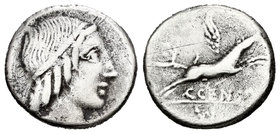 Marcia. Denario. 88 a.C. Incierta. (Ffc-866). (Cal-946). Anv.: Cabeza diademada de Apolo a derecha. Rev.: Caballo a derecha, encima símbolo, en exergo...