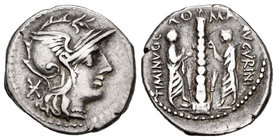 Minucia. Denario. 134 a.C. Roma. (Ffc-925). (Craw-243-1). (C-1026). Anv.: Cabeza de Roma a derecha, detrás X. Rev.: Columna surmontada por estatua, a ...