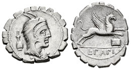 Papia. Denario. 79 a.C. Taller Auxiliar de Roma. (Ffc-952). (Craw-384-1). (Cal-1057). Rev.: Grifo a derecha, debajo símbolo y en exergo L PAPI. Ag. 3,...
