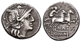 Pinaria. Denario. 149 a.C. Roma. (Ffc-965). (Craw-208-1). (Cal-1092). Anv.: Cabeza de Roma a derecha, detrás X. Rev.: Victoria en biga a derecha, deba...
