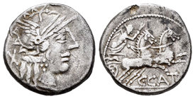 Porcia. Denario. 123 a.C. Taller Auxiliar de Roma. (Ffc-1050). (Craw-274/1). (Cal-1196). Anv.: Cabeza de Roma a derecha, detrás X. Rev.: Victoria con ...