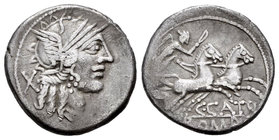 Porcia. Denario. 123 a.C. Taller Auxiliar de Roma. (Ffc-1050). (Craw-274/1). (Cal-1196). Anv.: Cabeza de Roma a derecha, detrás X. Rev.: Victoria con ...