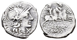 Sempronia. Denario. 148 a.C. Roma. (Ffc-1107). (Craw-216/1). (Cal-1251). Anv.: Cabeza de Roma a derecha, delante X y detrás PITIO. Rev.: Los Dioscuros...