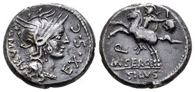 Sergia. Denario. 116-115 a.C. Norte de Italia. (Ffc-1111). (Craw-286/1). (Cal-1271). Anv.: Cabeza de Roma a derecha, delante EX-SC, detrás ROMA X. Rev...