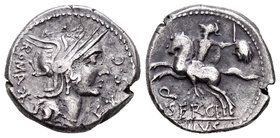 Sergia. Denario. 116-115 a.C. Norte de Italia. (Ffc-1111). (Craw-286/1). (Cal-1271). Anv.: Cabeza de Roma a derecha, delante EX-SC, detrás ROMA X. Rev...