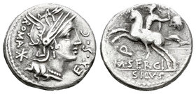 Sergia. Denario. 116-115 a.C. Norte de Italia. (Ffc-1111). (Craw-286/1). (Cal-1271). Anv.: Cabeza de Roma a derecha, detrás ROMA / X y delante EX SC. ...