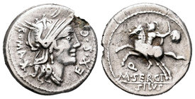 Sergia. Denario forrado. 116-115 a.C. Norte de Italia. (Ffc-1112). (Craw-286/1). (Cal-1272). Anv.: Cabeza de Roma a derecha, detrás ROMA X, delante EX...