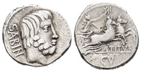 Tituria. Denario. 89 a.C. Roma. (Ffc-1148). (Cal-1305). Anv.: Cabeza del rey Tatius a derecha, detrás SABIN. Rev.: Victoria con corona en biga a derec...