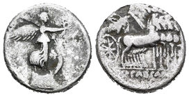 Augusto. Denario forrado. 29-27 a.C. Brandisium y Roma. (Ffc-90). (Ric-264). (Cal-673). Anv.: Victoria sobre proa a derecha con una corona de laurel. ...