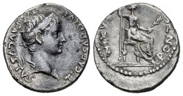 Tiberio. Denario. 16 d.C. Lugdunum. (Spink-1763). (Ric-26). (Seaby-16). Rev.: PONTI(F) MAX(IM). Figura femenina sentada a derecha con cetro y rama. Ag...