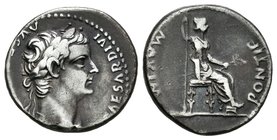 Tiberio. Denario. 16 a.C. Lugdunum. (Spink-1763). (Ric-26). Rev.: PONTIF MAXIM. Livia sentada a derecha con cetro y rama de olivo. Ag. 3,85 g. MBC. Es...