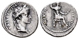 Tiberio. Denario. 16 a.C. Lugdunum. (Spink-1763). (Ric-26). Rev.: PONTIF MAXIM. Figura femenina sentada a derecha con cetro y rama. Ag. 3,64 g. MBC-. ...