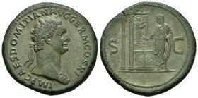 Domiciano. Sestercio. 88-89 d.C. Roma. (Spink-2776). (Ric-256). (Ch-491). Anv.: IMP CΛES DOMIT ΛVG GERM COS XI. Rev.: SC. El emperador en pie a izquie...