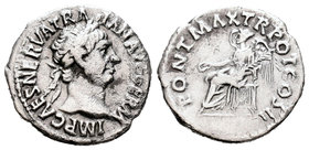 Trajano. Denario. 98-111 d.C. Roma. (Ric-22). Rev.: PONT MAX TR POT COS II. Victoria sentada a izquierda con patera y rama. Ag. 2,45 g. BC+. Est...40,...