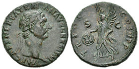 Trajano. As. 99-100 a.C. Roma. (Ric-417). (Ch-628). Rev.: TR POT COS III P P SC. Victoria avanzando a izquierda con escudo con la inscripción SP/QR. A...