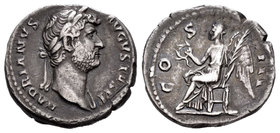 Adriano. Denario. 127 d.C. Roma. (Spink-3480). (Ric-182). Rev.: COS III. Victoria sentada a izquierda con corona y palma. Ag. 3,03 g. MBC+. Est...60,0...