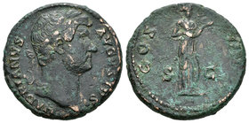 Adriano. As. 124-128 d.C. Roma. (Ch-369). Rev.: COS III. Salud en pie a derecha con plato de fruta. Ae. 12,79 g. BC. Est...40,00.