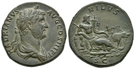 Adriano. Sestercio. 136 d.C. Roma. (Spink-3613). (Ric-863). (Ch-997). Rev.: NILVS SC. Nilus reclinado a derecha sobre roca con caña y cuerno de la abu...