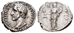 Antonino Pío. Denario. 148-49 d.C. Roma. (Ch-240 variante). Rev.: COS IIII. Equidad de pie a la izquierda con balanza y cuerno de la abundancia. Ag. 3...