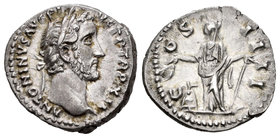 Antonino Pío. Denario. 148 d.C. Roma. (Spink-4067). (Ric-162). Rev.: COS IIII. Anona con espigas y ancla, a sus pies modio. Ag. 3,21 g. EBC-. Est...70...