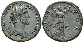 Antonino Pío. Sestercio. 143 d.C. Roma. (Spink-4182). (Ric-717b). (Ch-434). Rev.: IMPERATOR II SC. Victoria en pie a derecha con trofeo. Ae. 29,12 g. ...