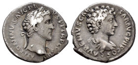 Antonino Pío y Marco Aurelio. Denario. 141 d.C. Roma. (Spink-4524). (Ric-417a). Anv.: Cabeza laureada de Antonino Pío a derecha. Rev.: Cabeza desnuda ...