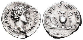 Marco Aurelio. Denario. 142 d.C. Roma. (Spink-4786). (Ric-424a). Rev.: PIETAS AVG SC. Atributos sacerdotales. Ag. 3,36 g. MBC. Est...60,00.