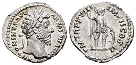 Marco Aurelio. Denario. 164 d.C. Roma. (Spink-4919). (Ric-92). (Seaby-469). Rev.: P M TR XVIII IMP II COS III. Marte de pie a derecha con lanza y escu...