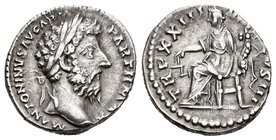 Marco Aurelio. Denario. 168 a.C. Roma. (Spink-4936 similar). (Ric-191 similar). Rev.: TR P XXIII (IMP V) COS III. Aequitas sentada a izquierda con bal...
