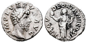 Lucio Vero. Denario. 163 d.C. Roma. (Spink-5354). (Ric-491). Rev.: PROV DEOR TR P III COS II. Providencia en pie a izquierda con globo y cuerno de la ...
