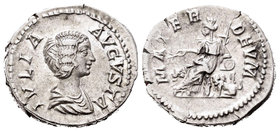 Julia Domna. Denario. 198 d.C. Roma. (Spink-6594). (Ric-566). Rev.: MATER DEVM. Cibeles sentada a izquierda con rama y tambor, a sus pies león. Ag. 3,...