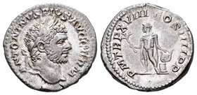 Caracalla. Denario. 215 d.C. Roma. (Spink-6835). (Ric-254). Rev.: P M TR P XVIII COS IIII P P. Apollo en pie a izquierda con rama de laurel y descansa...
