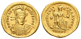 Teodosio II. Sólido. 402-450 d.C. Constantinopla. (Spink-21127). (Ric-202). Rev.:  CONCORDIA AVGGS / CONOB. Constantinopolis sentada a derecha con cet...