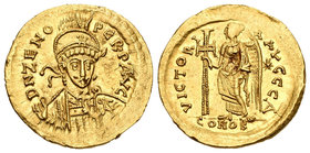 Zeno. Sólido. 476-491 d.C. Constantinopla. (Spink-21514). Au. 4,45 g. Contramarcas en anverso y defecto en reverso. Parte de brillo original. EBC. Est...
