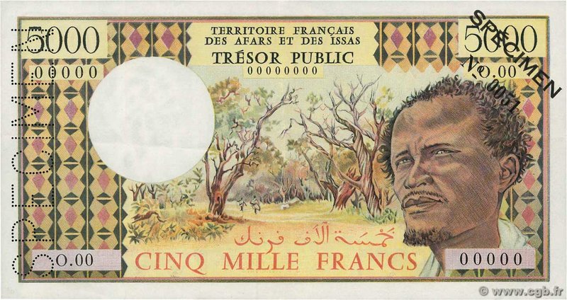 Country : AFARS AND ISSAS 
Face Value : 5000 Francs Spécimen 
Date : (1975) 
...