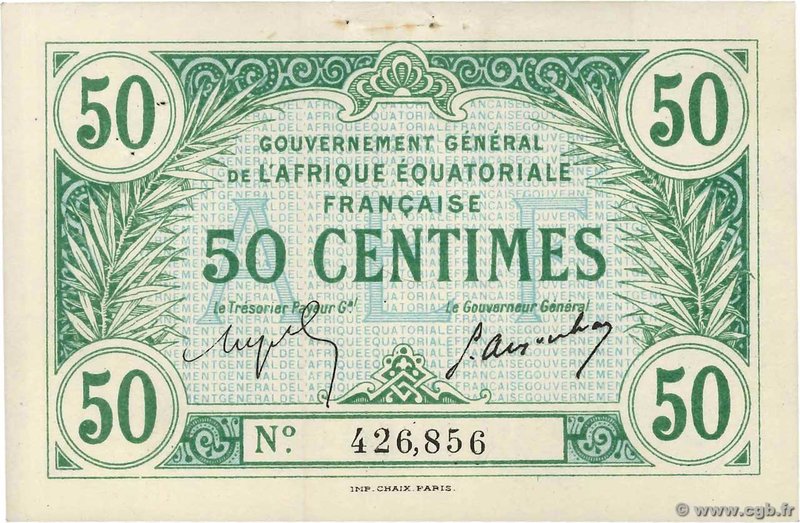 Country : FRENCH EQUATORIAL AFRICA 
Face Value : 50 Centimes 
Date : (17 octob...