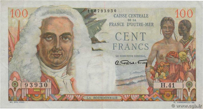 Country : FRENCH EQUATORIAL AFRICA 
Face Value : 100 Francs La Bourdonnais 
Da...