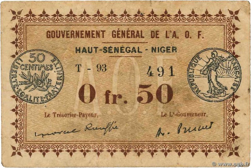 Country : FRENCH WEST AFRICA (1895-1958) 
Face Value : 50 Centimes 
Date : 11 ...