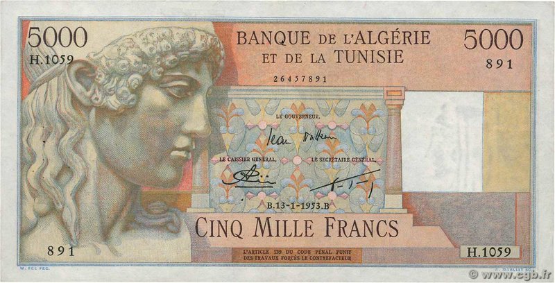 Country : ALGERIA 
Face Value : 5000 Francs 
Date : 13 janvier 1953 
Period/P...