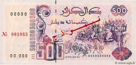 Country : ALGERIA 
Face Value : 500 Dinars Spécimen 
Date : 21 mai 1992 
Period/Province/Bank : Banque d'Algérie 
Catalogue reference : P.139s 
A...