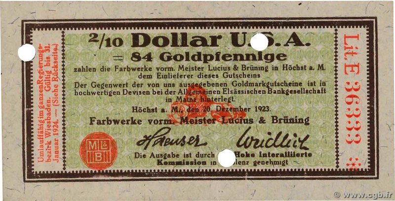 Country : GERMANY 
Face Value : 2/10 Dollar 
Date : 20 décembre 1923 
Period/...