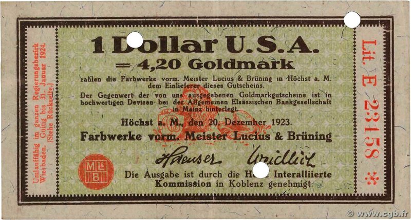 Country : GERMANY 
Face Value : 1 Dollar 
Date : 20 décembre 1923 
Period/Pro...