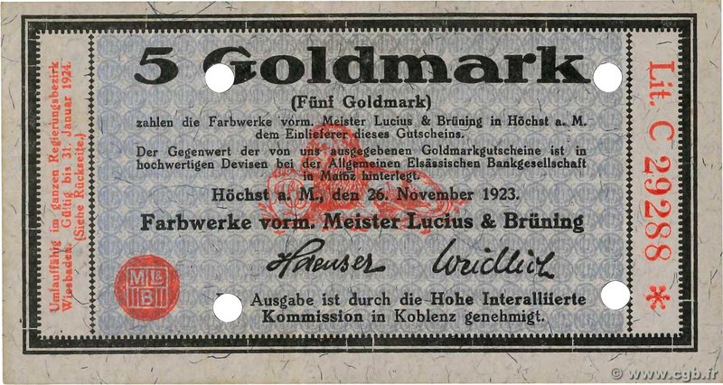 Country : GERMANY 
Face Value : 5 Goldmark 
Date : 12 novembre 1923 
Period/P...
