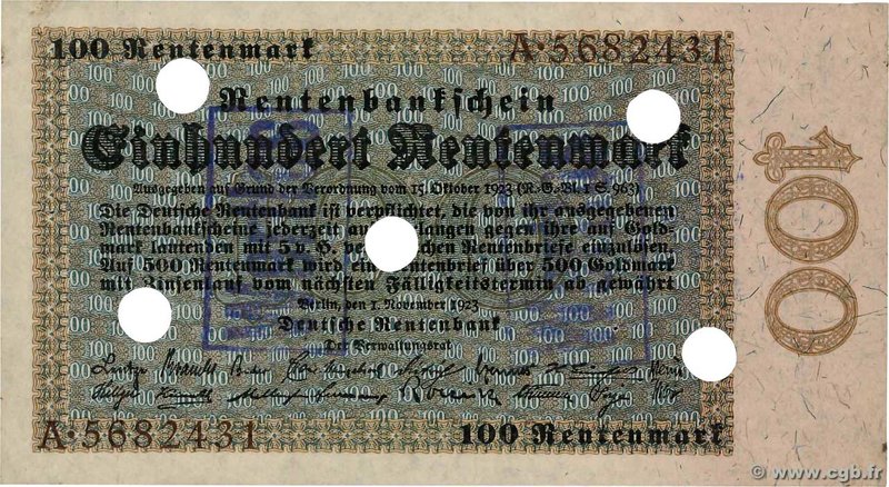 Country : GERMANY 
Face Value : 100 Rentenmark Annulé 
Date : 01 novembre 1923...
