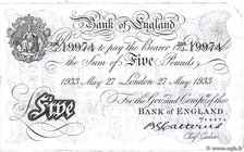 Country : ENGLAND 
Face Value : 5 Pounds 
Date : 27 mai 1933 
Period/Province/Bank : Bank of England 
Catalogue reference : P.328a 
Alphabet - si...