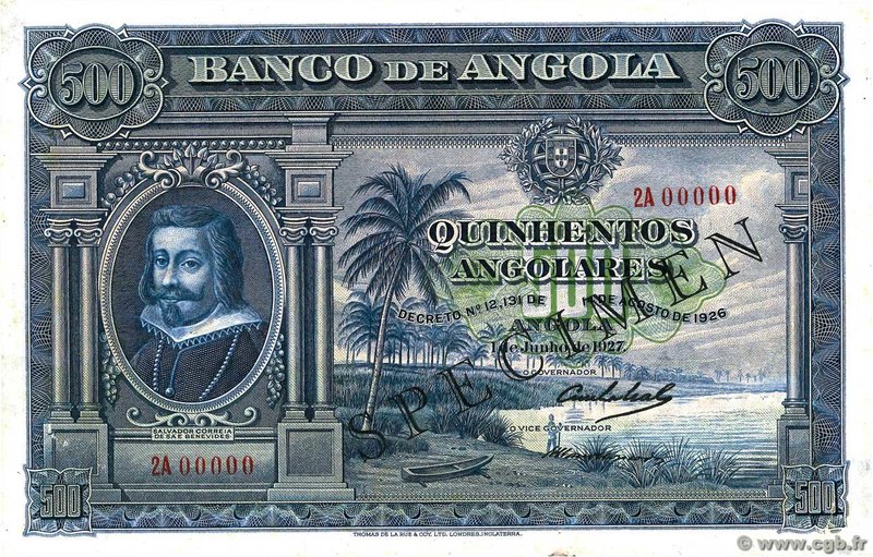 Country : ANGOLA 
Face Value : 500 Angolares Spécimen 
Date : 01 juin 1927 
P...
