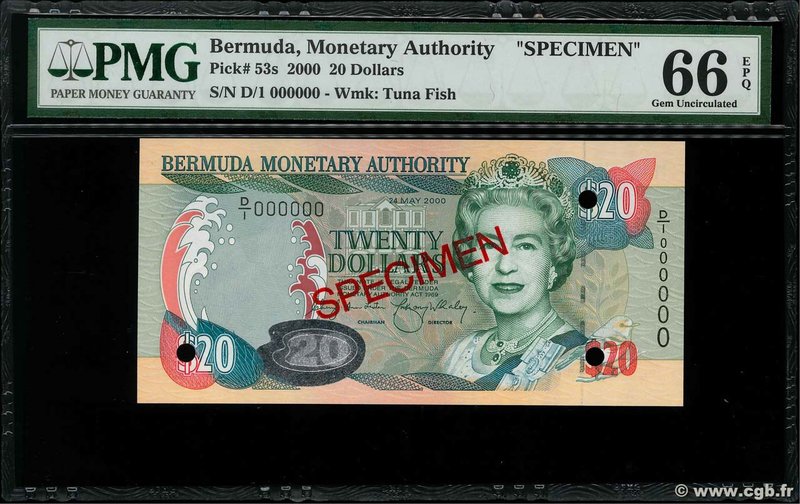 Country : BERMUDA 
Face Value : 20 Dollars Spécimen 
Date : 24 mai 2000 
Peri...