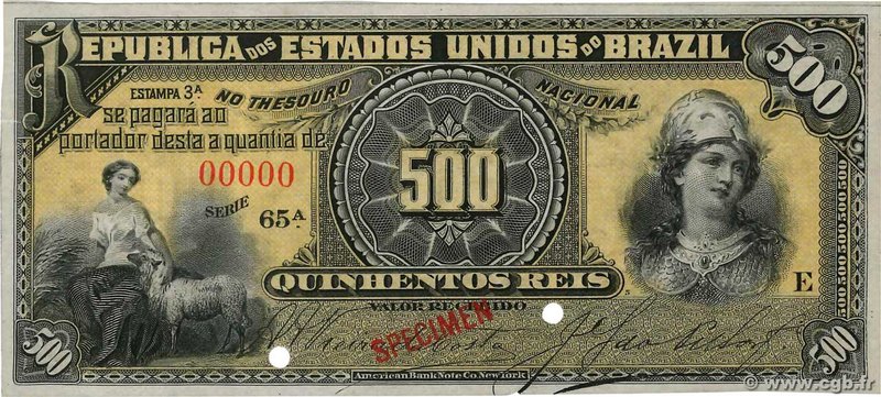 Country : BRAZIL 
Face Value : 500 Reis Spécimen 
Date : (1893) 
Period/Provi...