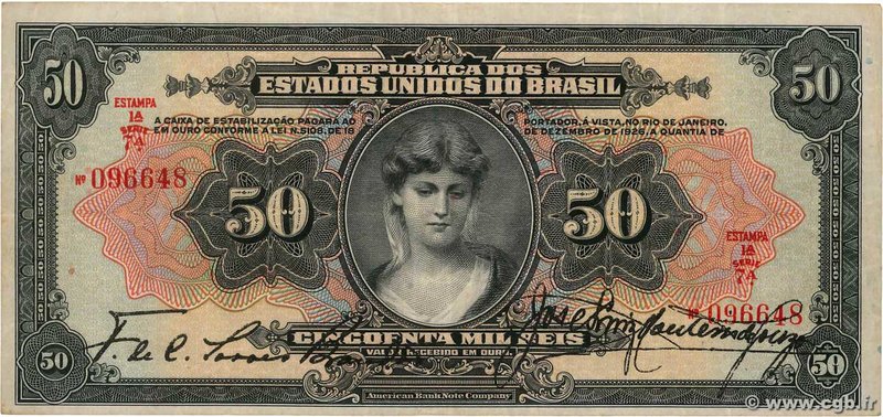 Country : BRAZIL 
Face Value : 50 Mil Reis 
Date : 18 décembre 1926 
Period/P...